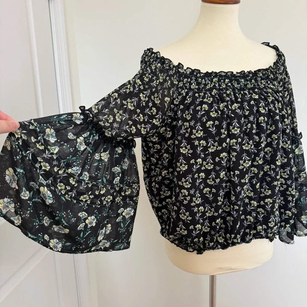 Free People‎ Black Floral Off the Shoulder Blouse Size M Medium